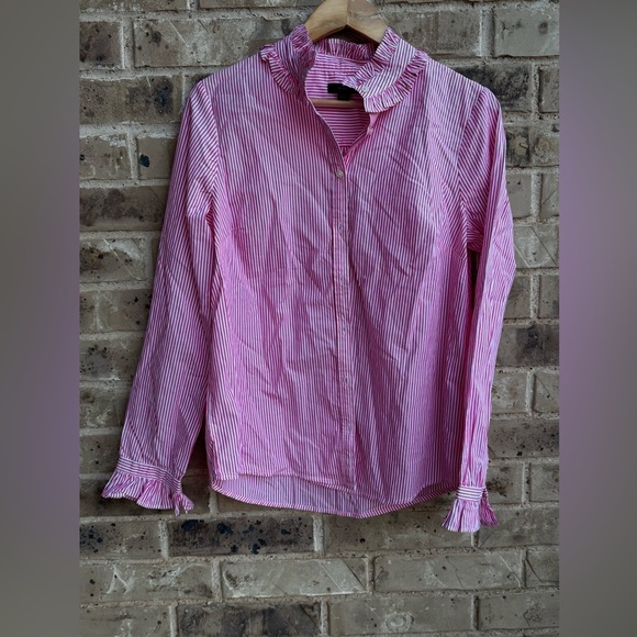 J. Crew Striped ruffleneck button-up Striped Pink Blouse Sz M - Picture 6 of 11